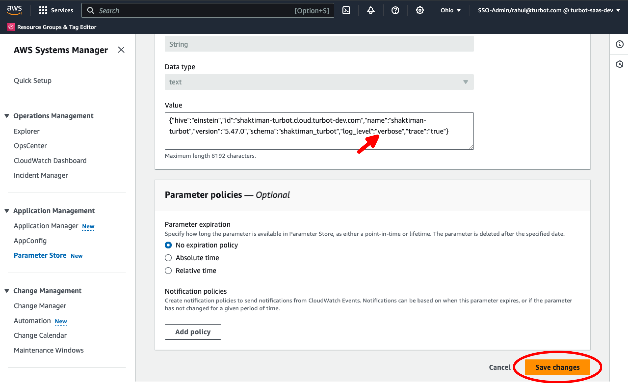 SSM Workspace Parameter With Verbose